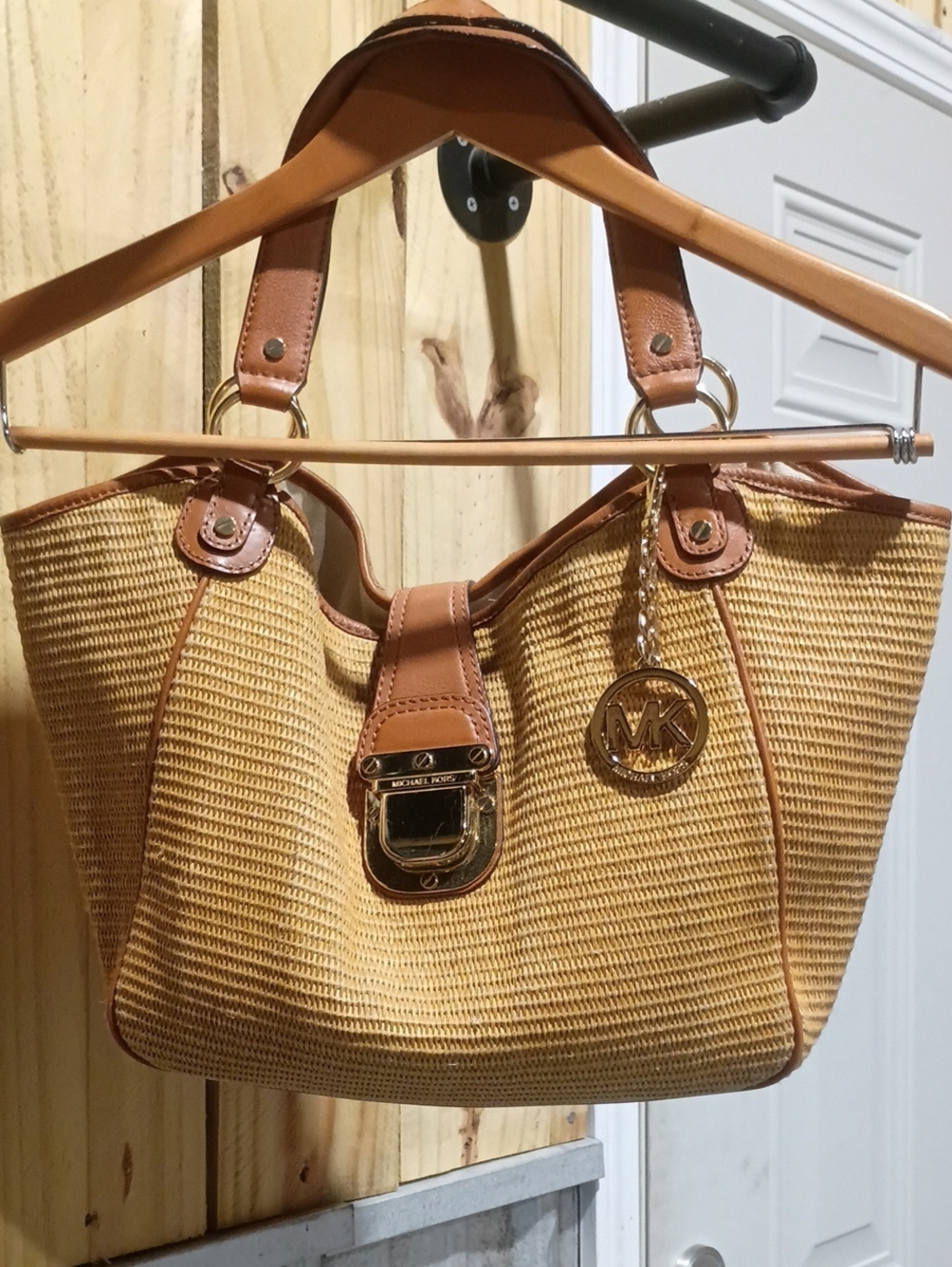 Michael Kors Tan Woven Shoulder Bag with Gold Hardware